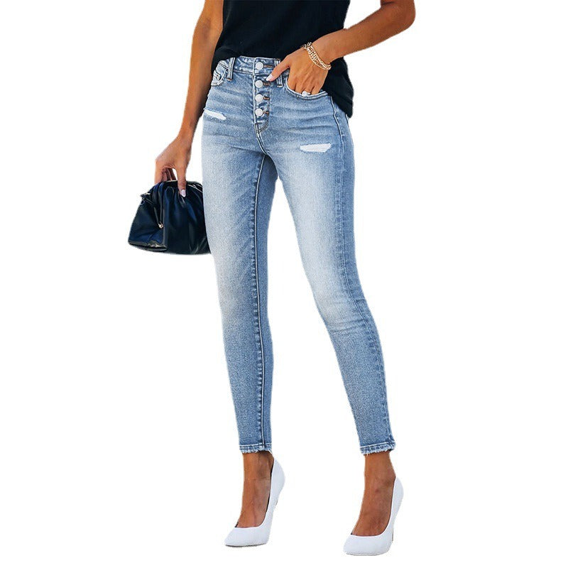 Trending Blue Hight Waist Casual Ripped Pant
